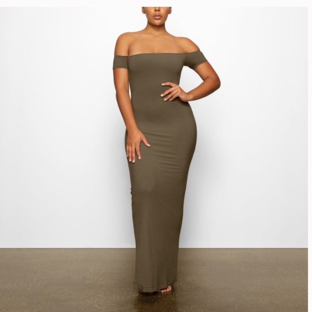 NWT Skims Soft Lounge Off the Shoulder Dress in “Army Green”